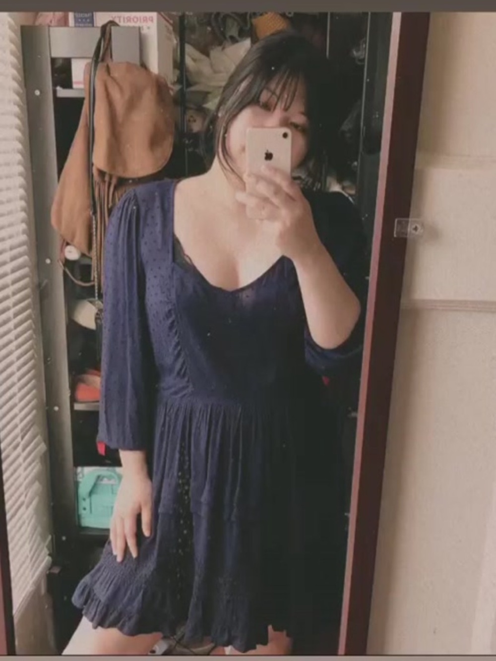 Express Dark Navy Dot Ruffle Tiered Long Sleeve Dress